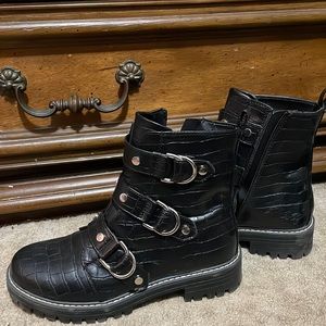 Buckled faux alligator skin ankle boots